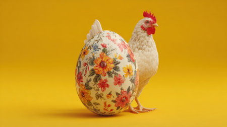 A white hen stands next to a large, flower-patterned egg on a vibrant yellow backdrop, creating a lively and playful spring scene. The hen appears curious and alert.の素材