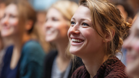 A woman with a bright smile listens attentively to a speaker at an indoor event. Her joyful expression reflects the engaging atmosphere of the discussion.の素材