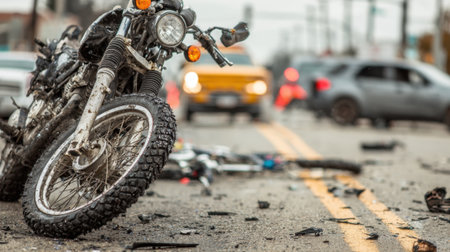 A motorcycle lies on its side among debris and damaged cars on a busy road. The scene shows chaos and the aftermath of a recent accident with bystanders nearby.の素材