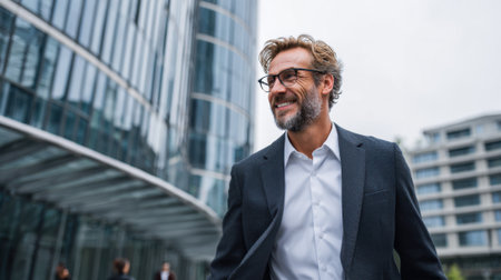 A well-dressed man smiles as he walks near a sleek office building on a cloudy urban day. His confident demeanor suggests a successful day ahead, blending with the city atmosphere.の素材