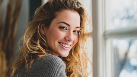A young woman with wavy hair smiles warmly while sitting by a window, enjoying the bright afternoon light in a comfortable indoor setting.の素材