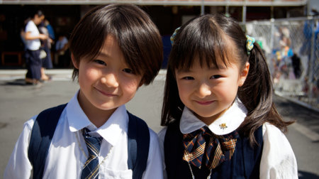 Two children are standing side by side, both wearing school uniforms and smiling. Bright sunlight fills the area, capturing their joyful expressions in a lively school environment.の素材
