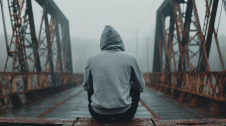 A person sits on a weathered bridge, shrouded in fog, contemplating life. The atmosphere is calm, with muted surroundings enhancing the sense of solitude and thoughtfulness.の素材