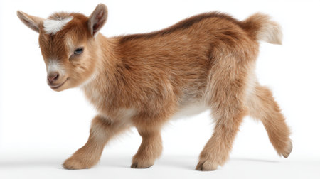 A small brown goat kid is walking playfully. Its soft fur and lively eyes show the joy of exploring a bright and clean space. The setting is cheerful and inviting.の素材