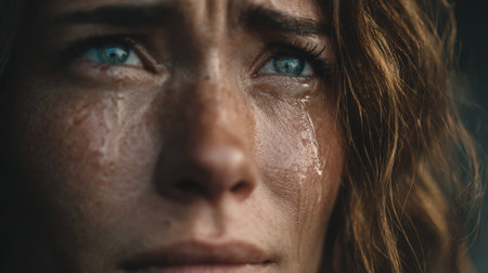 A woman with curled hair and striking blue eyes shows deep emotion as tears run down her cheeks. The atmosphere is tense, highlighting her feelings in a beautiful outdoor environment.の素材