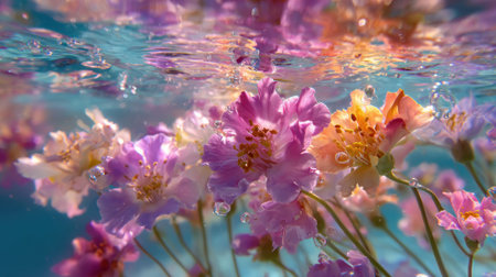 Vibrant flowers in shades of purple and orange gently sway underwater, illuminated by sunlight filtering through the surface, creating a serene and colorful atmosphere.の素材