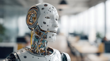 Humanoid robot stands with intricate metal and wiring on display in a bright office space filled with desks and plants. The scene reflects innovation and futuristic design.の素材