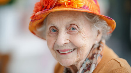 An elderly woman with a cheerful smile is wearing a bright hat with flowers. She enjoys a lively social event surrounded by friends in a warm, friendly atmosphere.の素材