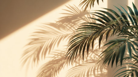 Sunlight filters through palm leaves, casting intricate shadows on a pale wall. The tranquil atmosphere highlights the beauty of nature indoors during a bright afternoon.の素材