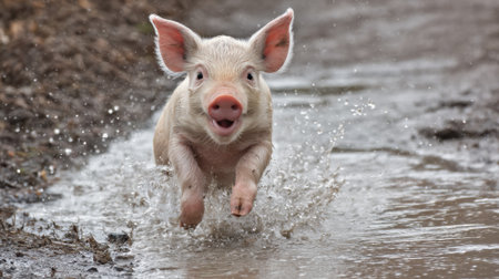 A happy piglet leaps through water, sending droplets flying, on a warm day in a rural setting filled with mud and green grass, showing the playful nature of farm life.の素材
