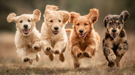 Four happy puppies of different breeds leap through a grassy field on a sunny afternoon. Their playful energy shines as they enjoy their time outdoors, charming onlookers with their antics.の素材