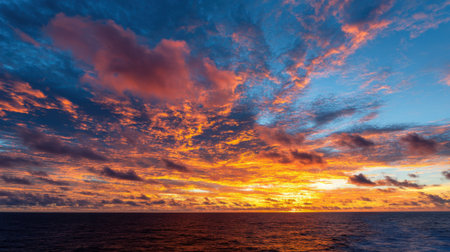 A breathtaking sunset unfolds over the tranquil ocean, with rich oranges, pinks, and blues painting the sky. The horizon glows as day transitions to night.の素材