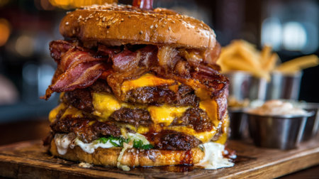 A giant burger filled with layers of melted cheese, crispy bacon, and juicy patties is presented on a wooden board. A side of golden fries adds to the meal in a busy restaurant.の素材
