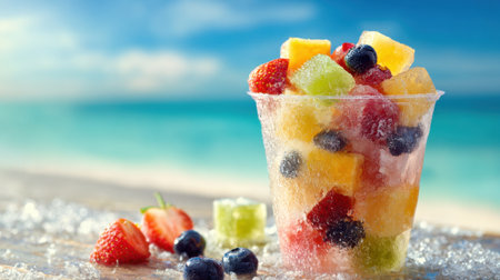 A colorful fruit cup features various fresh fruits like strawberries, blueberries, and pineapples. The scene is set by the ocean, with sand and a clear blue sky.の素材