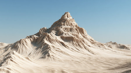 A majestic mountain rises sharply against a bright blue sky. Sand covers the surrounding terrain, highlighting the mountain's unique ridges and peaks, creating a breathtaking landscape.の素材
