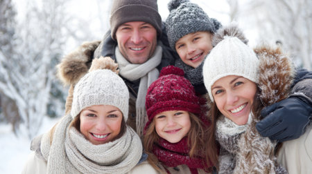 A joyful family stands together outdoors on a snowy day, dressed in warm hats and scarves. They smile brightly against the winter backdrop, enjoying their time.の素材