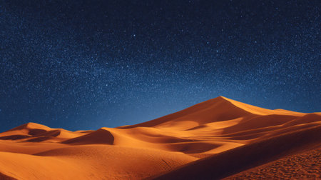 The scene captures a vast desert at night, featuring towering sand dunes illuminated under a clear sky filled with countless stars. The quiet beauty of nature is evident.の素材