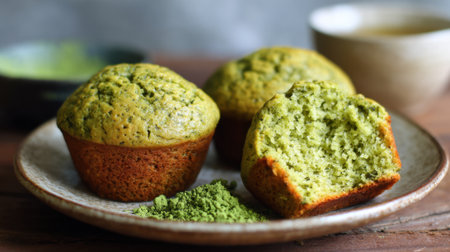 Freshly baked muffins made with green tea sit on a rustic plate. Matcha powder is sprinkled nearby, and a bowl of green tea is placed in the background.の素材