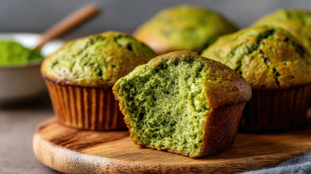 Green muffins sit on a wooden platter, showing a fluffy texture and vibrant color. Fresh spinach and herbs add a healthy twist to this tasty baked treat, perfect for breakfast or snacks.の素材