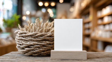 A blank display stand sits on a rustic wooden table next to a decorative basket made of rope. The background features blurred shelves filled with various items, creating a warm store atmosphere.の素材