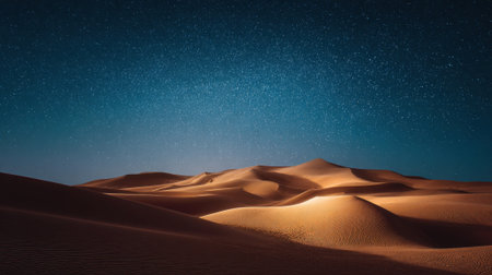 A stunning view of vast sand dunes under a clear night sky. The stars sparkle brightly above, creating a serene and magical atmosphere in the desert.の素材