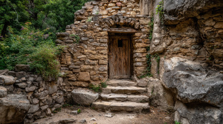 A weathered stone building features a wooden door and stone steps, nestled among lush greenery. The peaceful atmosphere suggests a hidden retreat in nature.の素材