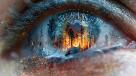 A close-up view of a human eye captures a reflection of a raging wildfire among forest trees, emphasizing the devastation caused by fires in natural landscapes.の素材