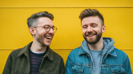 Two young men are having a great time together, smiling and laughing while standing in front of a vibrant yellow wall in an outdoor location. It's a cheerful moment shared between friends.の素材
