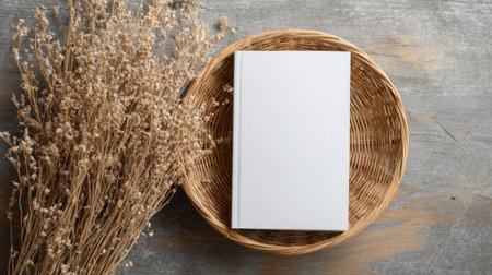 A blank notebook rests on a woven basket surrounded by dried flowers on a rustic wooden table, creating a serene and minimalistic atmosphere perfect for creativity.の素材