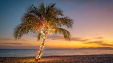 A palm tree decorated with colorful lights stands alone on a sandy beach as the sun sets. The sky transforms into shades of orange and purple, reflecting on the water.の素材