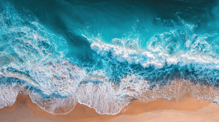 Clear waves roll onto a golden sandy beach, creating foamy patterns. The bright turquoise water reflects the sun, while the shoreline is calm under a clear sky.の素材