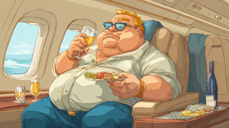 A man enjoys a gourmet meal while seated comfortably on a private jet. He sips champagne, with stunning views of the sky visible through the airplane windows.の素材