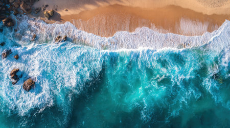 Bright blue ocean waves flow onto a sandy beach, creating a beautiful contrast. The scene captures the movement of the water against the shore on a sunny day.の素材