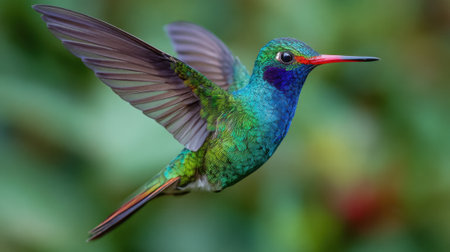 A colorful hummingbird hovers gracefully in mid-air, showing its iridescent green and blue feathers. The lush background creates a tropical atmosphere filled with life.の素材