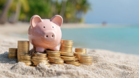 A piggy bank rests atop a mound of coins on a sunny beach. Clear blue water and palm trees create a relaxing atmosphere, perfect for financial dreams under the sun.の素材