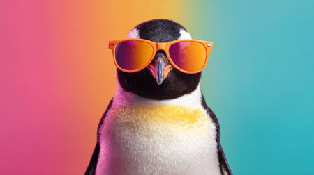 A penguin sports stylish sunglasses, standing confidently in front of a vibrant gradient background. This cheerful scene captures a moment of fun and whimsy.の素材