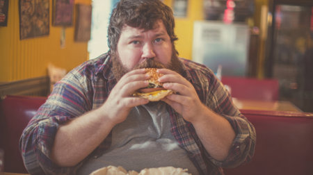 A man with a beard sits at a booth in a diner, eagerly holding a large burger. He is ready to take a big bite while surrounded by a lively atmosphere.の素材