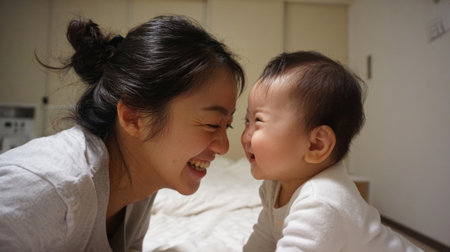 A mother and her baby sit closely together, smiling at each other with joy. They enjoy a precious bonding moment in a cozy home setting during the evening hours.の素材
