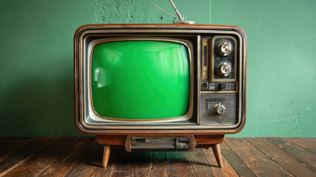 A vintage television set sits on a wooden floor in a retro-styled room. The screen displays a bright green color, while the background features a solid green wall.の素材