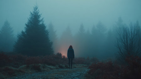 A figure stands alone on a winding path in a dense forest, surrounded by towering trees and a thick fog. Soft light glows in the background as twilight envelops the scene.の素材