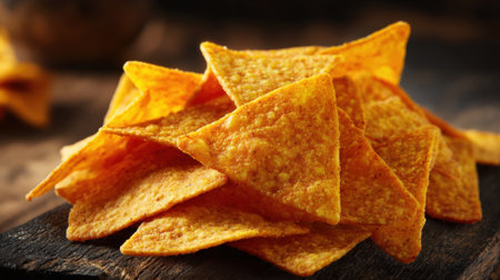 A delicious stack of crunchy tortilla chips sits on a wooden board, perfect for snacking or sharing at gatherings. The warm, golden color adds a cozy touch to any occasion.の素材