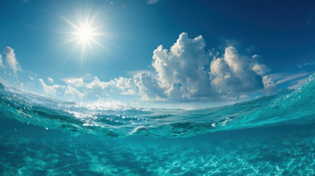 Bright sunlight shines over a tranquil ocean, where gentle waves create a soothing scene. Fluffy clouds drift peacefully in the sky, adding to the serene atmosphere.の素材