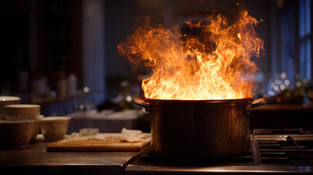 In a bustling kitchen, a pot overflows with flames, creating a dramatic scene. Chefs stay alert as they navigate the nighttime rush, working to control the blaze.の素材