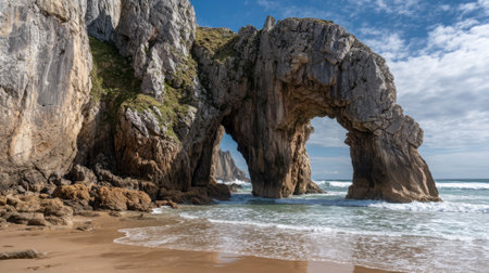 A breathtaking natural rock arch stands tall near a sandy beach, with waves gently lapping at its base. The sky is partly cloudy, adding beauty to the coastal scenery.の素材