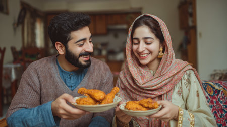 A man and woman smile at each other while holding bowls of fried chicken in a warm, inviting home. The atmosphere reflects happiness and shared meals, showcasing cultural traditions.の素材