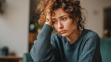 A young woman with curly hair sits in a comfortable room, appearing lost in thought. She shows signs of distress, with her hand on her forehead, reflecting a moment of worry or sadness.の素材