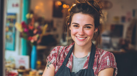 A young barista stands in a warm coffee shop, smiling at customers. Brightly colored flowers decorate the counter, creating a welcoming atmosphere. It is midday, and the shop is bustling.の素材