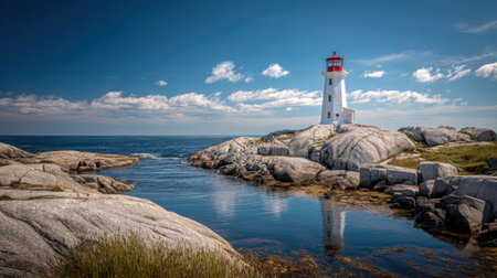 A lighthouse stands on rugged rocks by the sea, surrounded by calm waters and a bright blue sky. The scene captures the beauty of nature and coastal serenity in Nova Scotia.の素材