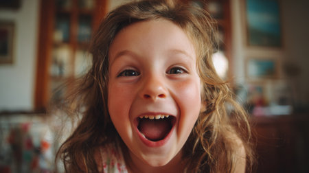 A young child displays a beaming smile while enjoying moments of happiness indoors. The cozy space is filled with family pictures and bright decor, creating a warm atmosphere.の素材