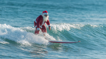 A man dressed as Santa Claus rides a surfboard on waves at the beach. The sun shines brightly, showcasing a lively ocean scene typical of a warm December day.の素材